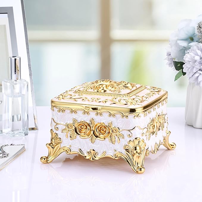 Hipiwe Vintage Jewelry Box Rectangular Trinket Chest Metal Treasure Holder for Ring Earrings Organizer Keepsake Box Gift for Woman, Beige, 5.1" L x 5.1" W x 3.1" H