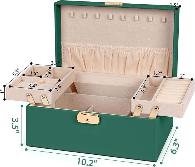 AKOZLIN Travel Jewelry Box Organizer Functional 2-trays Leather Jewelry Storage Case with Lockable Portable for Women Girls Ring Necklace Earring Bracelet
