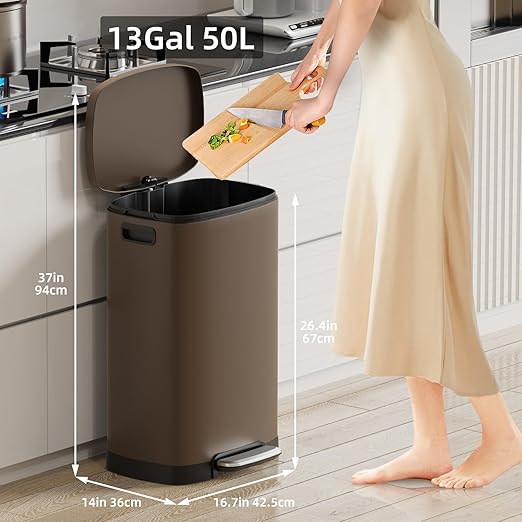 KUK 13 Gallon Kitchen Trash Can with Lid, 50L/13Gal Office Step Garbage Can for Home, Kitchen, Laundry Room, Office, Brushed Stainless Steel, Brown