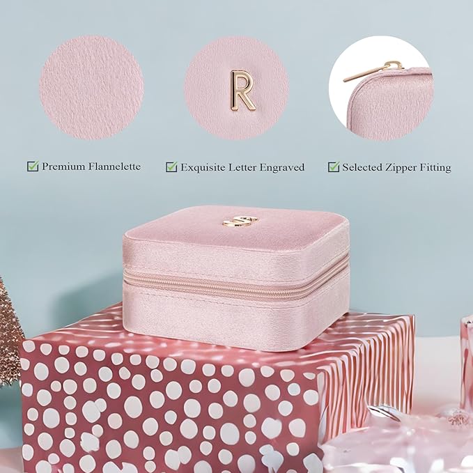 Vlando Small Travel Jewelry Box Organizer Display Case for Rings Earrings Necklaces Storage, Selected Soft Velvet, Letter R Engraved, Pink
