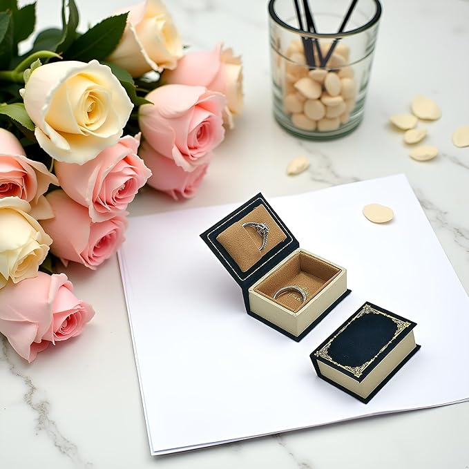 Book Shaped Ring Box - Vintage Engagement Ring Box with Hinged Lid for Proposal Engagement Wedding, Proposal Ring Case-PRB012-Blue