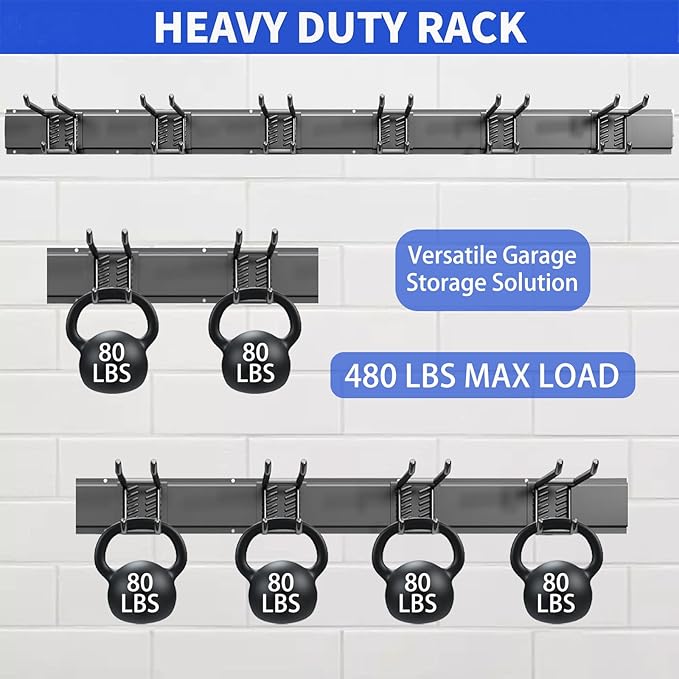 Garage Tool Organizer Wall Mount, 48inch Heavy Duty Garden Tool organizer Storage System, Easy Install With 6 Adjustable Bilayer Hooks, For Garage, Basement, Shed, Workshop(Black)