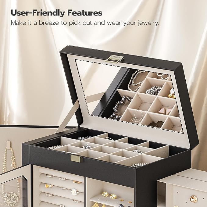 HOOBRO Jewelry Box with Mirror, Travel Jewelry Organizer with Glass Window, Jewelry Storage Case, Vertical Storage, Gift for Loved Ones, for Earrings, Rings, Necklaces, Bracelets, Black BK03JB04G2
