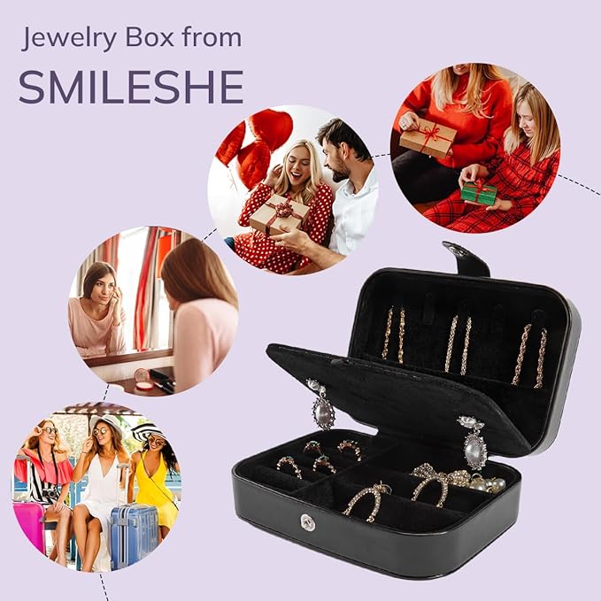 Smileshe Jewelry Box, PU Leather Small Portable Travel Case, 2 Layers Organizer Display Storage Holder Boxes for Rings, Earrings, Necklaces, Bracelets