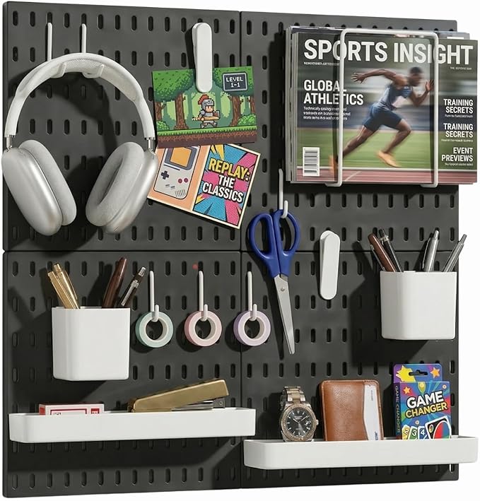 Keepo Peg Board Wall Organizer – Plastic Pegboard Panels, Modular Peg Board Storage System for Home Office, Craft Room, Gaming Setup (Black, 22″×22″)