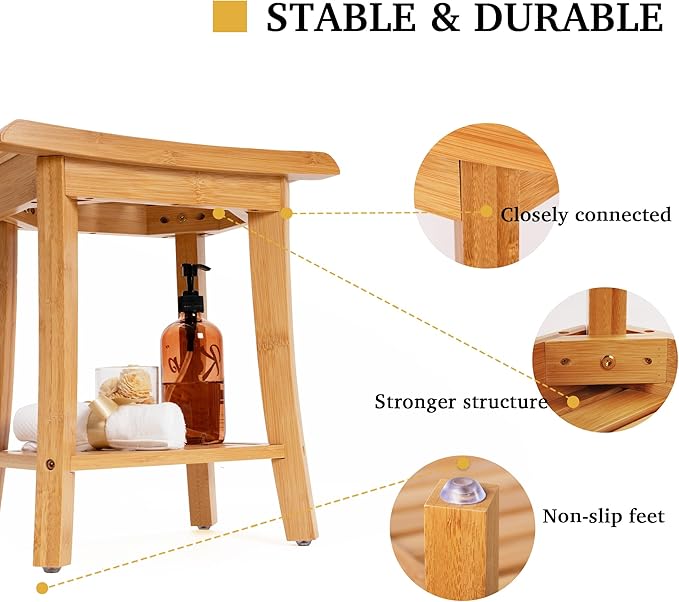 Unibambou Bamboo Shower Bench Inside Shower Stool with Storage Shelf, Spa Bath Chair for Bathroom, Seat or Organizer for Living Room, Bedroom and Garden - Great for All Ages Elderly (Small, Natural)