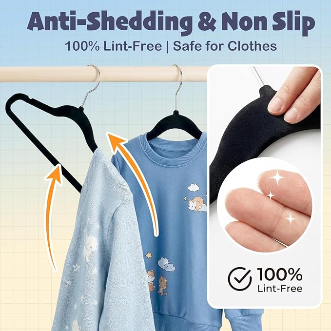 HOUSE DAY 14 Inch Kids Velvet Hangers 50 Pack, Durable Big Kid Hangers for Youth, Teen, Non Slip Kids Felt Hanger, Cute Childrens Hanger for Closet, Black