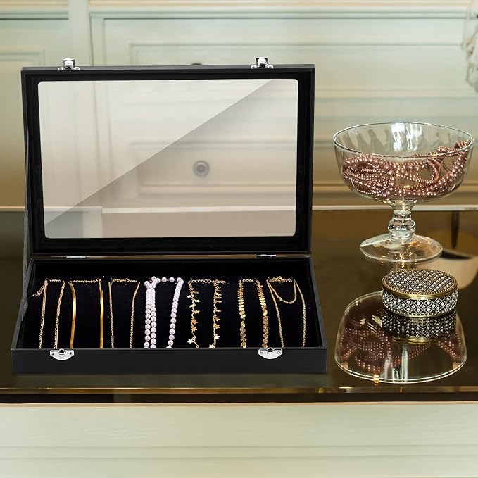 Kenning 2 Pieces Glass Lid Necklace Organizer Box 20 Hooks Necklace Tray Jewelry Holder Organizer Velvet Necklaces Holder Storage Display Case for Show Bracelet
