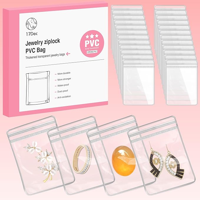 17Dec 100 Zippered Plastic Jewelry Bags,Small(2.36"x3.15"),Thicker PVC Anti-Tarnish Jewelry Bags Clear Plastic for Gold,Silver,Collectibles,Jewelry Packaging for Business,Travel,Organizing