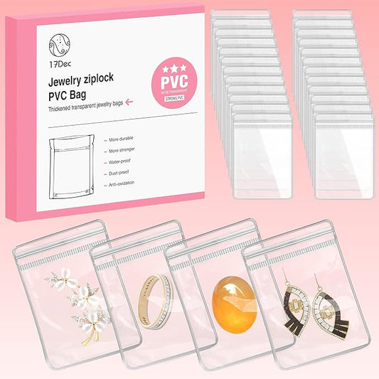 17Dec 100 Zippered Plastic Jewelry Bags,Small(2.36"x3.15"),Thicker PVC Anti-Tarnish Jewelry Bags Clear Plastic for Gold,Silver,Collectibles,Jewelry Packaging for Business,Travel,Organizing