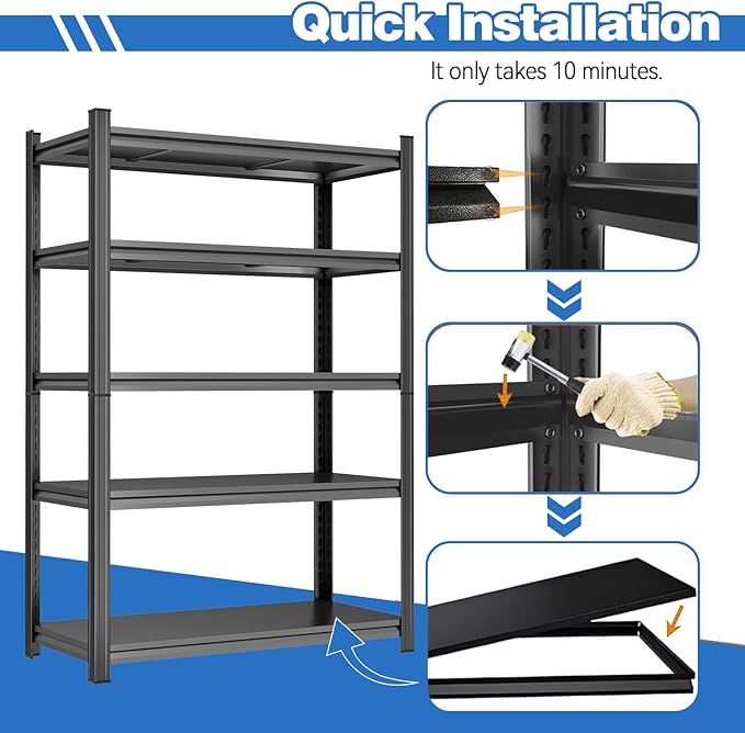 72"H Garage Shelving Unit 3000LBS Storage Shelves heavy duty 5 tier Metal Shelving adjustable storage rack for Basement, Warehouse, Pantry, Closet, Kitchen 72" H x 35.4" W x 13.8" D, Black