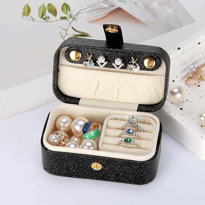 KUKUVR Small Travel Jewelry Box, Mini Jewelry Holder for Multiple Rings Necklace Earrings Lipstick, Portable Jewelry Storage Organizer Case with Removable Ring Slot (BLACK)