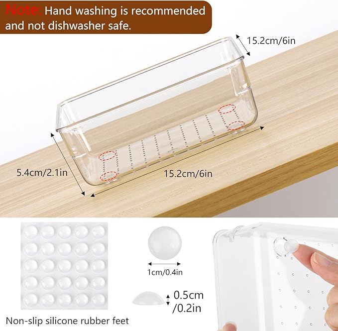 Ohlove 6 Pcs Large Clear Plastic Drawer Organizers Tray 6" x 6" Storage Bins with 25 Pcs Non-Slip Pads for Makeup, Jewelries, Kitchen Utensils, Bathroom and Office