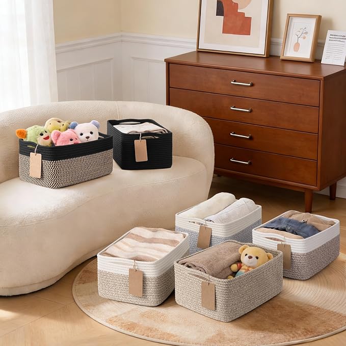 Goodpick 4 Pack Storage Baskets for Shelves, Rectangle Woven Baskets for Organizing, Cotton Rope Storage Bins for Baby Toys, Decorative Basket for Gifts, 13''L x 8''W x 6''H, Brown & White