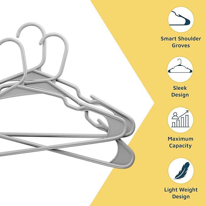 Lifemaster Plastic Clothes Hangers – Heavy Duty Hanger Set, for Organizing Clothes, Dresses, and Coat, Holds Up to 5 lbs, Space-Saving Hangers with Non-Slip Shoulder Grooves, Pack of 10, Gray