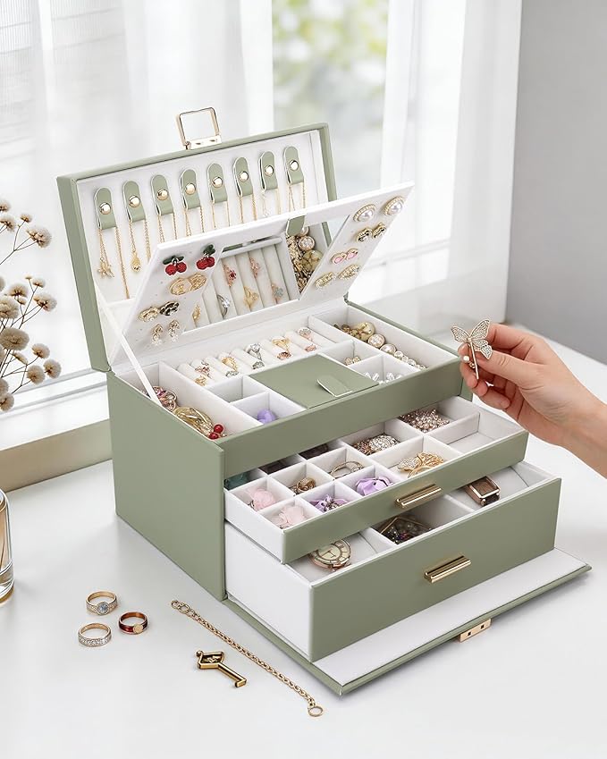 DesignSter Jewelry Box for Women Girl, 3-layer Lockable Jewelry Organizer with Mirror, Large Leather Jewelry Case for Earring Necklace Ring Bracelet Watch