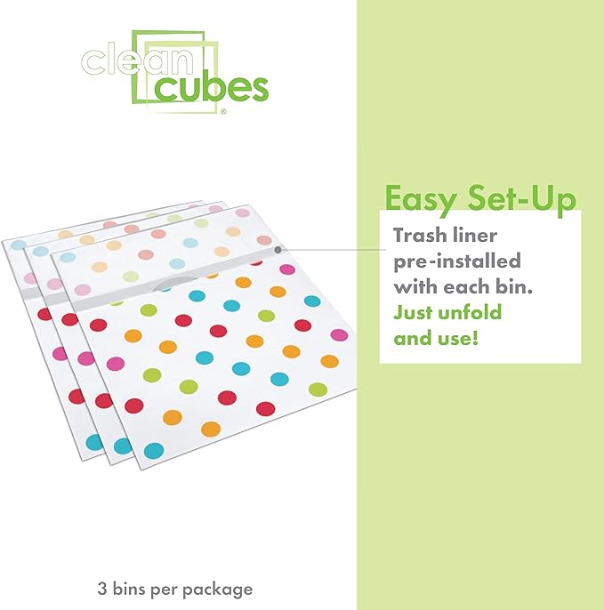Clean Cubes 13 Gallon Disposable Pop-Up Trash Cans (3-Pack) with Fitted Bags – Foldable Garbage & Recycling Bins for Parties, Events & Kitchen (Polka Dot, 17" H x 13.5" W x 10" D)