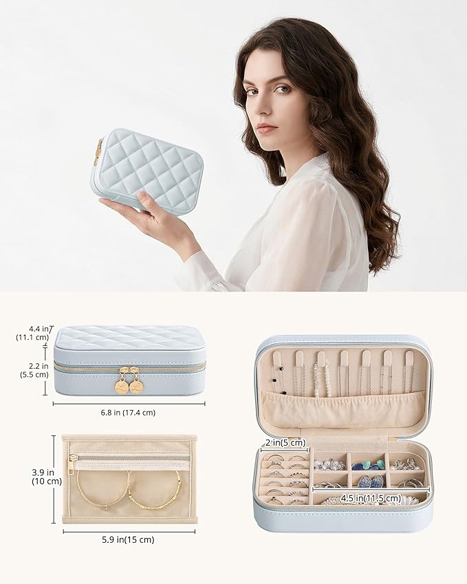 Lolalet Travel Jewelry Case for Women Girls, PU Leather Jewelry Organizer with Clear Storage Bag Small Portable Jewelry Box for Necklace Bracelet Earring Ring Mothers Day Birthday Gifts -Medium/Blue