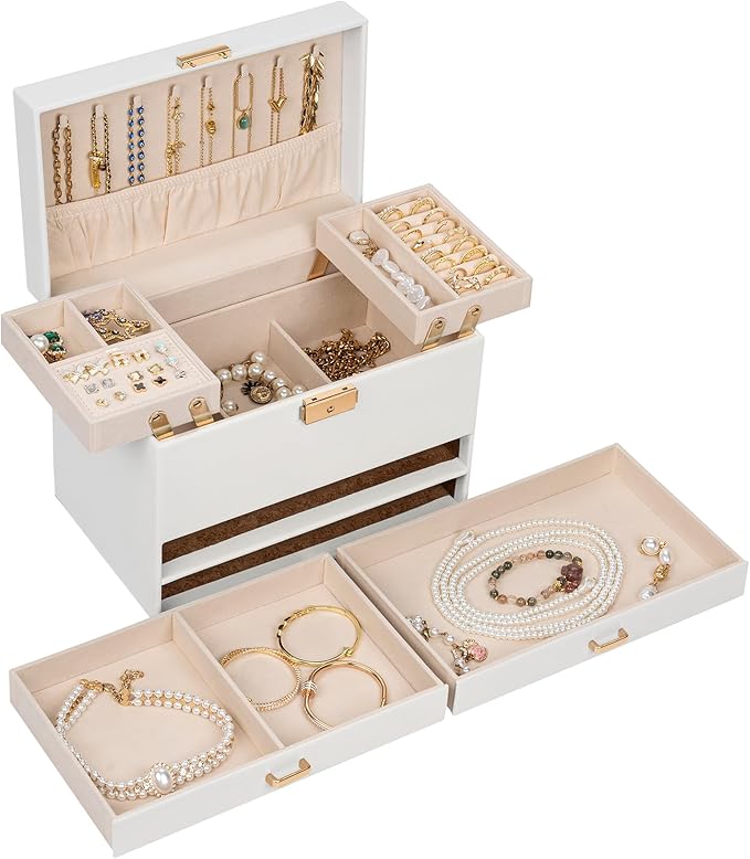 AKOZLIN Travel Jewelry Box Organizer Functional 2-trays Leather Jewelry Storage Case with Lockable Portable 2 Drawers for Women Girls Ring Necklace Earring Bracelet