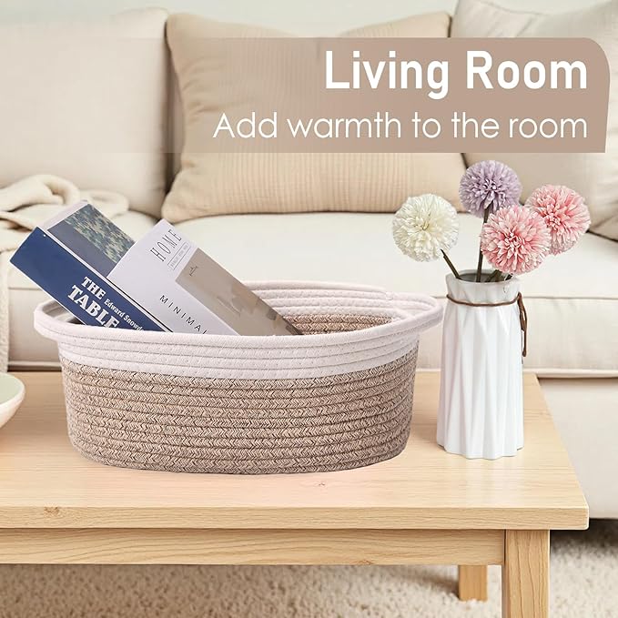 JMvicyroam Woven Basket,Small Rope Storage Bin with Handles & Ribbon Bag, Organizer for Shelves Closets,Gift Basket Empty for Birthday,Books,Dog Toys, White&Oatmeal