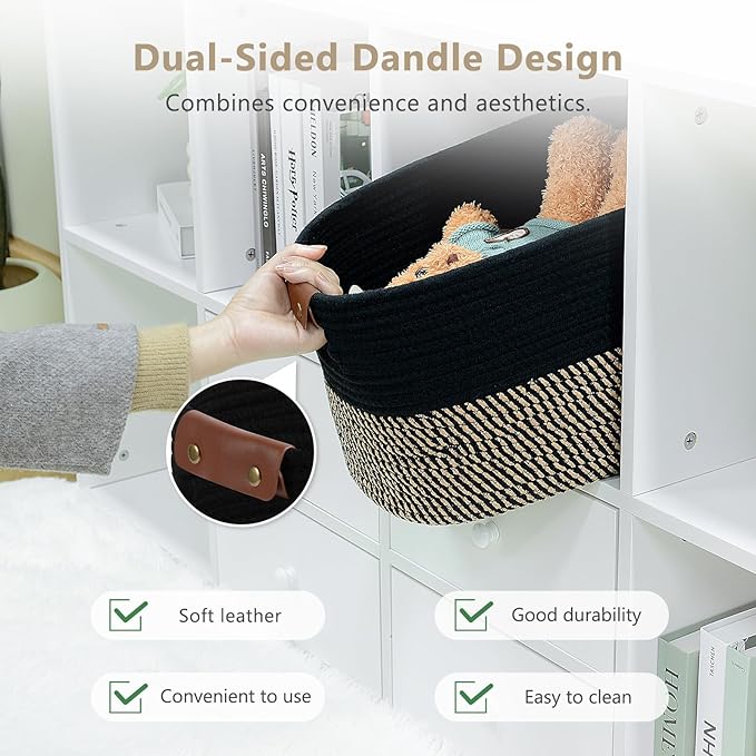 ECDYQXVU Cotton Rope Basket, Storage Baskets with Handle, 15x10x9 Inch Woven Basket for Shelves, Laundry, Towels, Clothes, Books, (Black Brown 2 Pack)