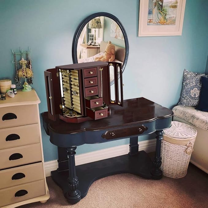 RR ROUND RICH DESIGN Jewelry Box - Made of Solid Wood with Cabinet Type 5 Drawers Organizer and 2 Separated Open Doors on 2 Sides and Large Mirror Brown