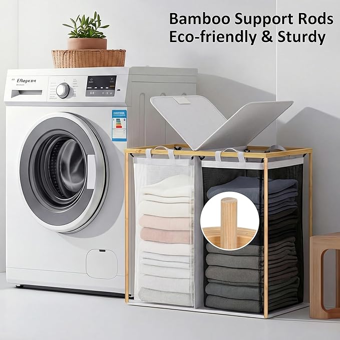 efluky Laundry Hamper with Lid, Double Laundry Hamper with 2 Removable Bags, 2 Section Laundry Basket with Bamboo Handles for Bathroom, Bedroom & Laundry Room, 140L (36.9 Gallon) Light Grey