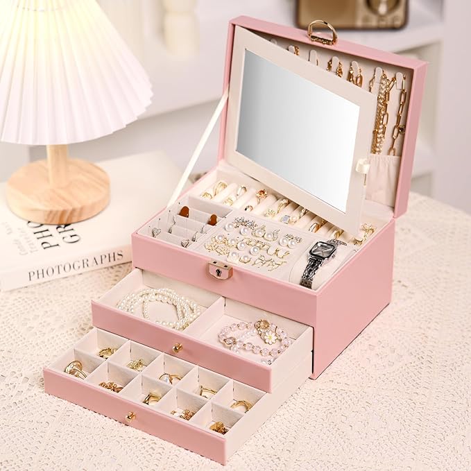 3 Layer Jewelry Boxes Large Jewelry Holder Organizer Case with 2 Jewelry Organizer Drawer PU Necklace Organizer Lockable Upgrade Mirror Gifts for Women, Pink