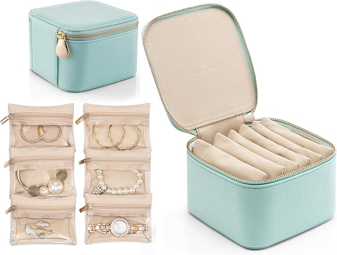 VLANDO Travel Jewelry Box Organizer – Portable PU Leather Jewelry Case with 6/8/12 Zippered Pouches, Compact Storage for Earrings Rings Necklaces Bracelets, Aqua Blue
