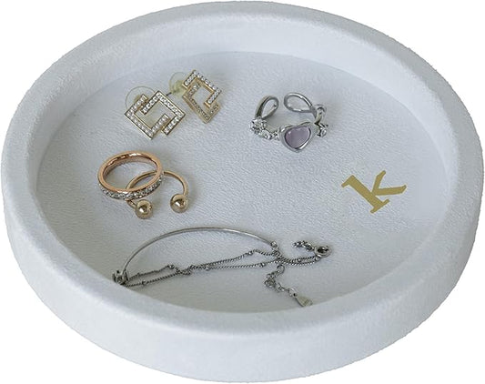 COLLECTIVE HOME - Velvet Jewelry Tray, 6" Monogrammed Jewelry Dish, Smooth Velour Display Dish for Rings, Earrings, Necklaces, Makeup, Personalized Gifts for Women (White-k)