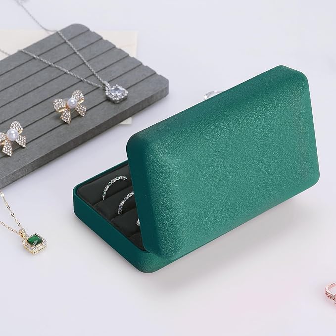 KUKUVR Velet Ring Storage Box, Travel Jewelry Case with 3 Slot Ring Display Organizer (Green)