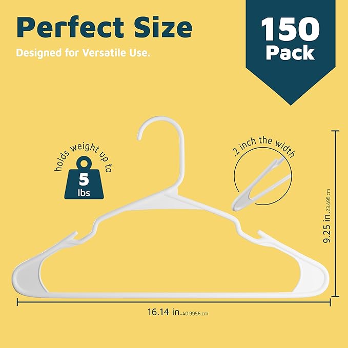 Plastic Clothes Hangers – Heavy Duty Hanger Set, for Organizing Clothes, Dresses, and Coats, Holds Up to 5 lbs, Space-Saving Hangers with Non-Slip Shoulder Grooves, Pack of 150, White