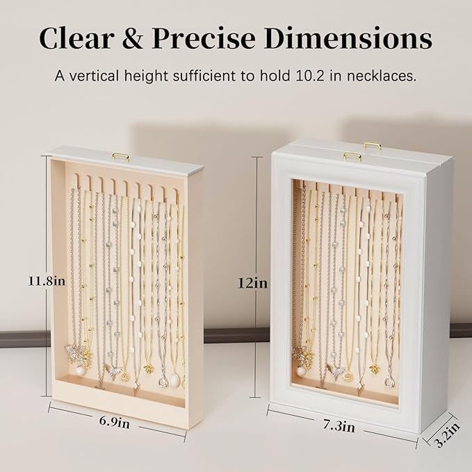 Necklace Organizer Box - 2-Layer Double-Sided Clear Lid Jewelry Storage Case, Anti-Tangle Necklaces Display Holder for Pendants Bracelets, Jewelry Organizer for Women Girls (White)