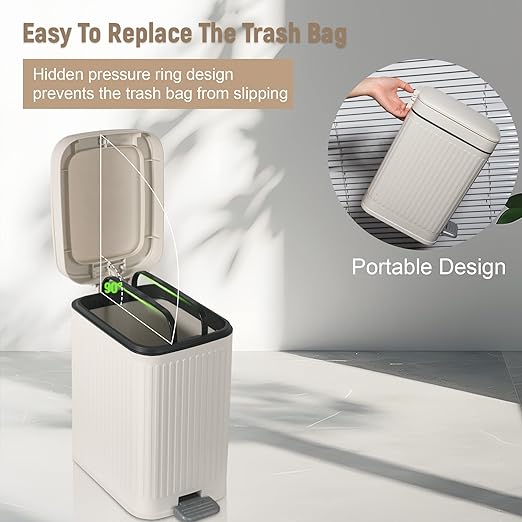 rejomiik Small Bathroom Trash Can with Lid Slim Soft Close Garbage Can Step Wastebasket Container Trash Bin for Office Bedroom Kitchen Living Room (2.6 Gallon Cream)