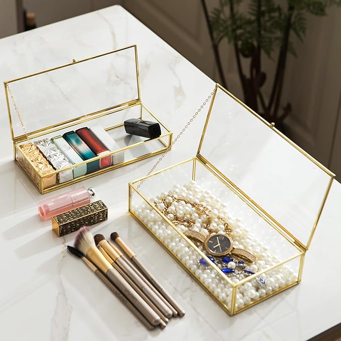 Glass Vintage Jewelry Box Set, 2pcs Rectangle Jewelry Display Lipstick Organizer Box Vanity Lidded Box Home Decor Accent Decorative Box for Storage Trinket Rings Bracelet