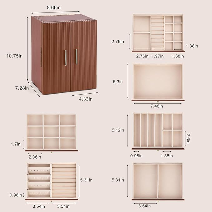 Dajasan Large Jewelry Organizer Box, Jewelry Boxes for Women Girls, 6-Tier Jewelry Storage Organizer with Mirror for Necklace Ring Bracelet Watch, Gift Idea (Brown)
