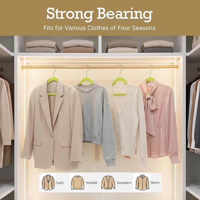 HOUSE DAY Vibrant Green Velvet Hangers 60 Pack, Non Slip Clothes Felt Hanger Heavy Duty for Coat, Premium Slim Space Saving Suit Hangers for Closet Organizer, 360° Rotating Silver Hook