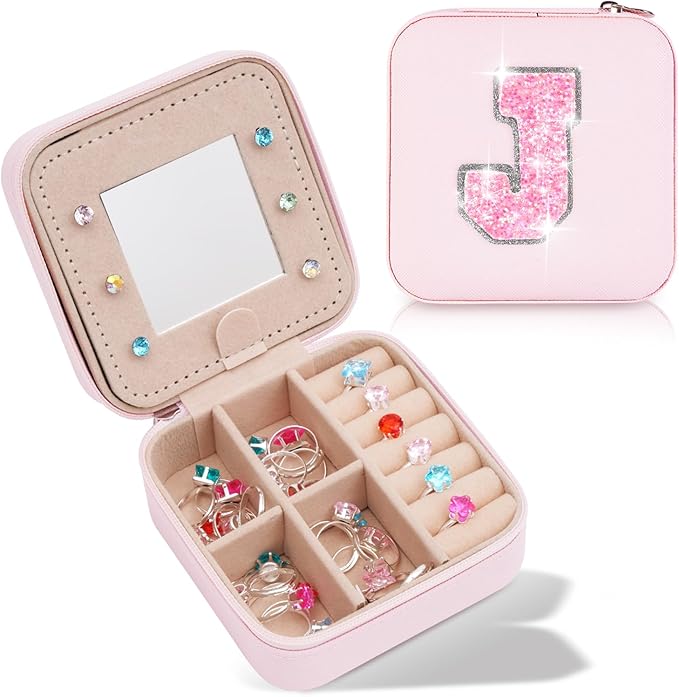 Uygafly Travel Jewelry Case - Personalized Jewelry Box for Women,Small Jewelry Organizer Cute Jewelry Organizers and Storage Aesthetic,Travel Essentials Birthday Gifts for Girls Women | Pink,J