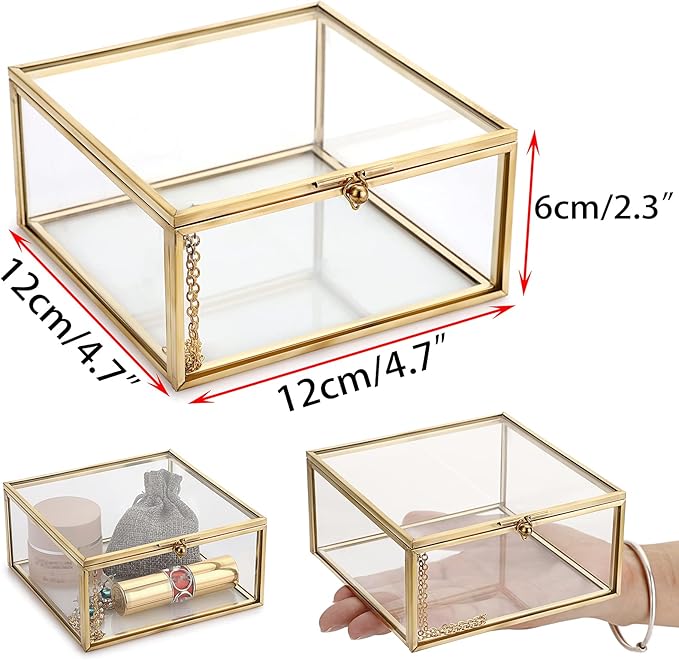 Hipiwe Vintage Glass Jewelry Organizer Box - Golden Metal Keepsake Box Desktop Jewelry Organizer Holder, Wedding Birthday Gift, Square Vanity Decorative Box for Dresser,Bathroom