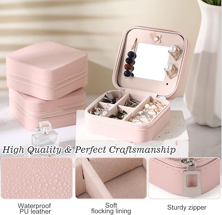 Hillban Bridesmaid Gifts Jewelry Box with Mirror, PU Leather Small Travel Jewelry Case Organizer Storage for Women Girls
