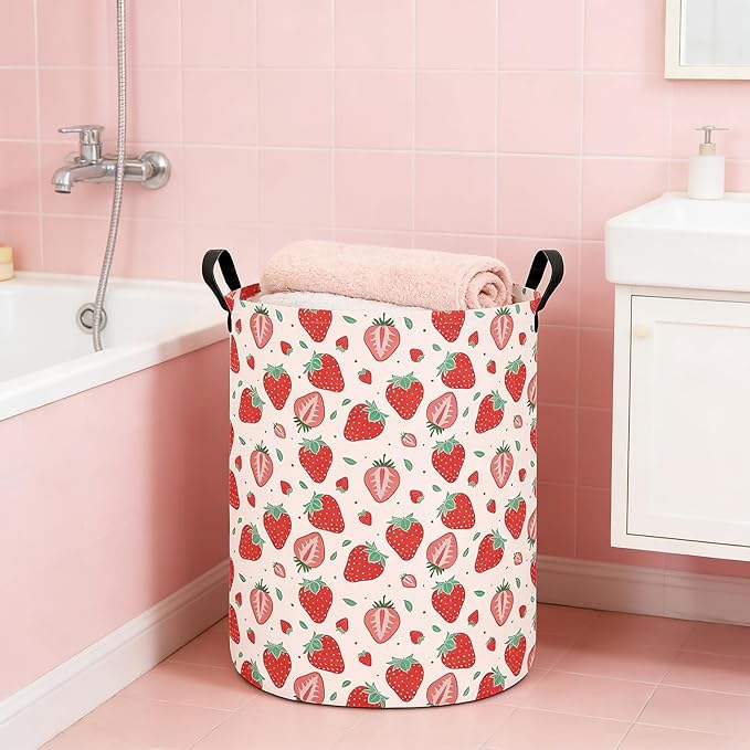Laundry Hamper Large Canvas Fabric Lightweight Storage Basket/Toy Organizer/Dirty Clothes Collapsible Waterproof for College Dorms, Boys and Girls Bedroom,Bathroom(strawberry)
