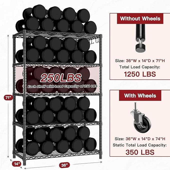 PrimeZone 74''H Wire Shelving 1250lbs 5 Tier Storage Shelves with Wheels NSF Certified Heavy Duty Steel Metal Shelf Adjustable Rolling Rack Kitchen Garage Closet Pantry 4pcs 74''HX36''WX14''D 4pcs