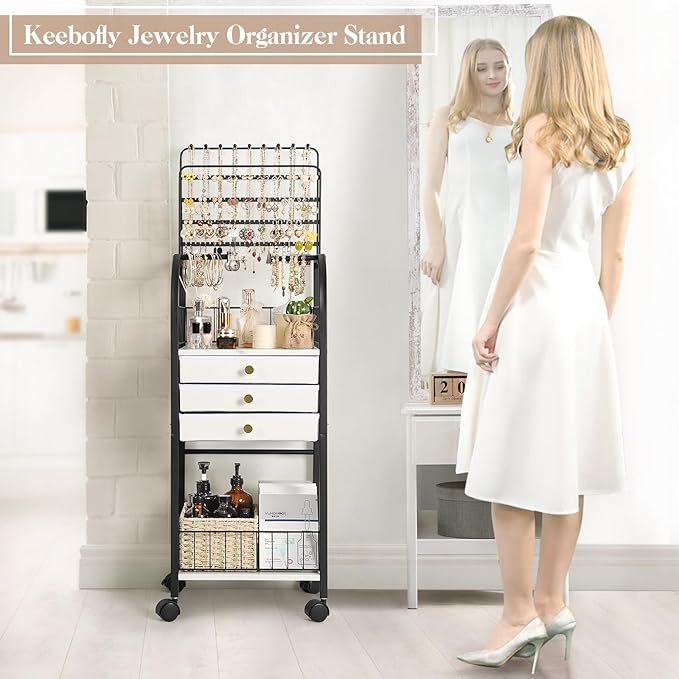 Keebofly Large Jewelry Organizer Stand with 3 Drawers, Floor Display Holder with Necklace, Earring, Bracelet, Ring Storage — Rolling Armoire Tower for Bedroom or Closet (Black)
