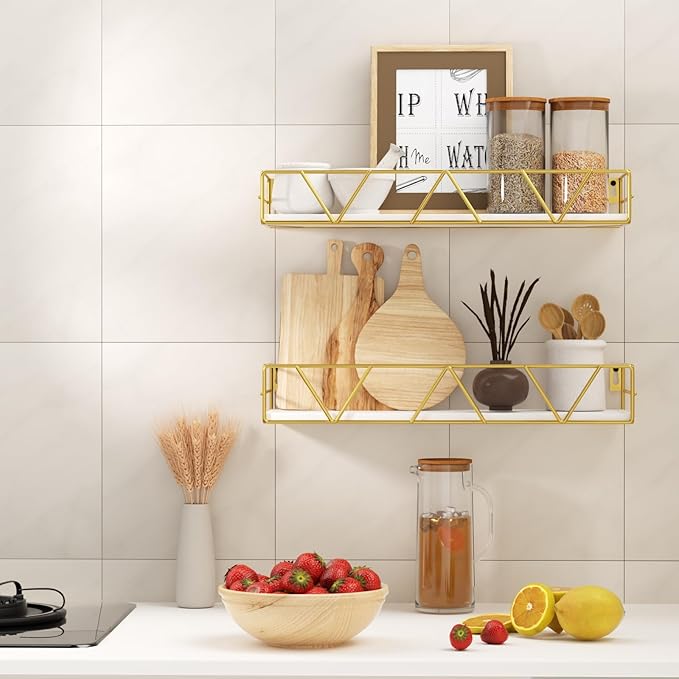Amaoot Floating Shelves Set of 3, Home Wood Wall Shelf, Farmhouse Shelf for Bedroom, Wall Mounted Floating Shelf for Living Room, Bedroom, Bathroom, Kitchen, Office (Gold)
