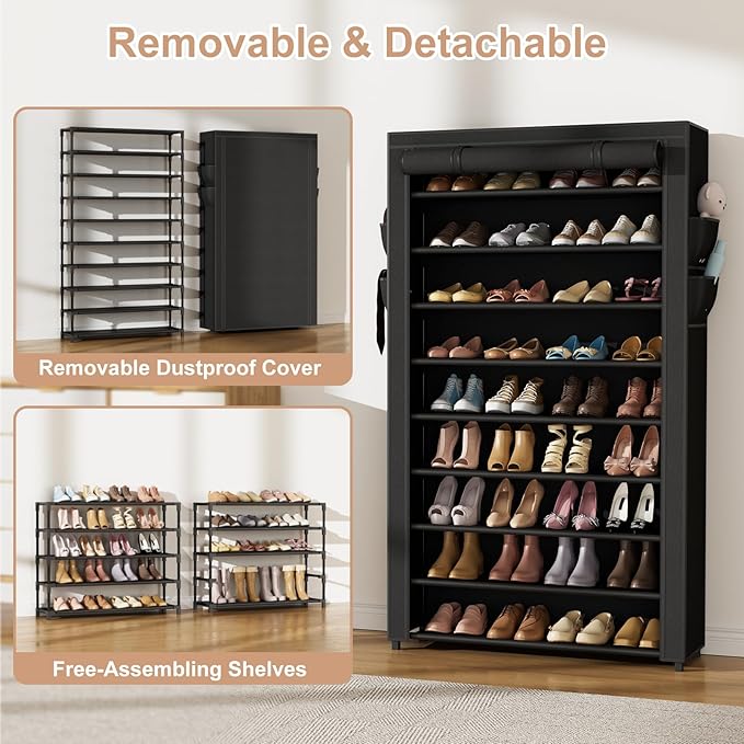 VILICK Shoe Rack with Cover Narrow Shoe Organizer with Pockets 10 Tier Tall Shoe Storage Holds 36-41 Pairs Shoes and Boots Shoe Rack for Closet Entryway Garage, Black