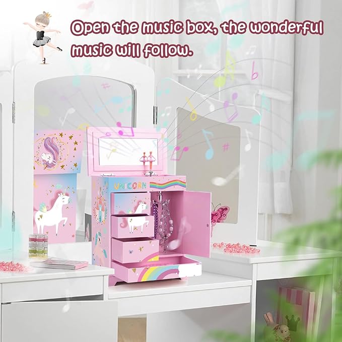 Large Jewelry Box for Girls 5-Layer Music Box with Spinning Ballerina Unicorn Necklace & Bracelet Set Kids Jewelry Organizer Birthday Christmas Gift for 5-8 Year Old Girls(Pink&Blue)