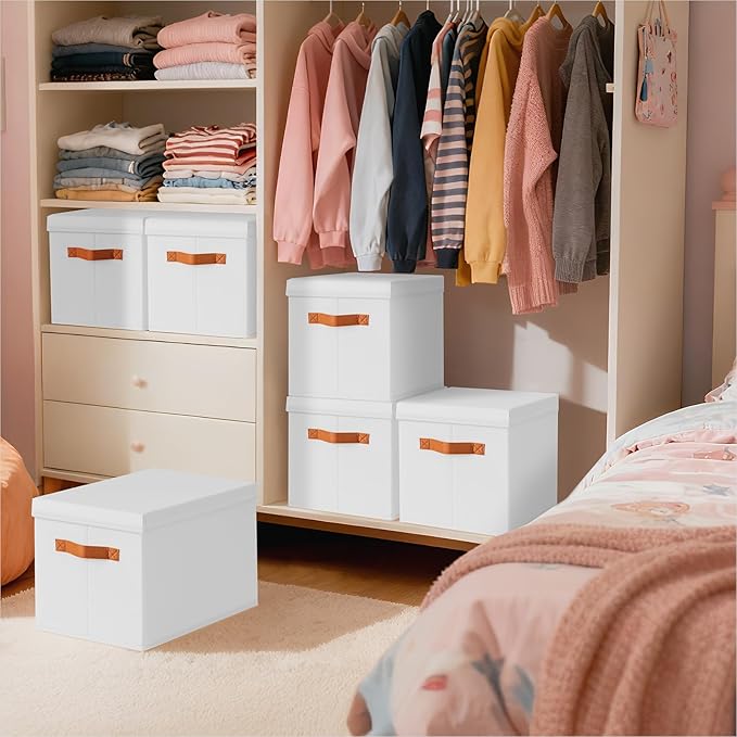 Homsorout Storage Bins with Lids - Fabric Storage Baskets for Shelves, 4 Pack Foldable Decorative Boxes with Handles, Stackable Organizer Bins for Home, Nursery, Dorm, White