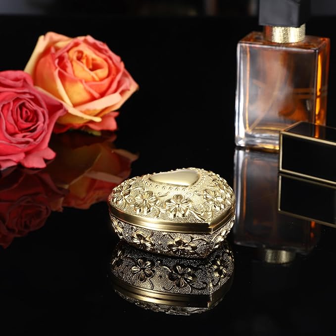 Hipiwe Vintage Jewelry Box Heart Shape Trinket Chest Metal Gold Treasure Storage Case for Rings Earrings Necklace Keepsake Organizer Gift for Woman