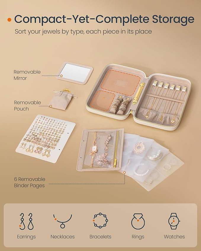 SONGMICS HOME Travel Jewelry Case, Jewelry Organizer Box with Mirror, Jewelry Pouch, Woven Embossed PU Leather, Hard Shell, Large Capacity, Gift Idea, Cloud White UJBC204W01