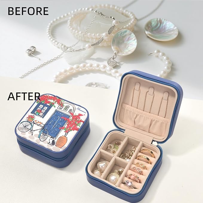 shunmei Mini Travel Jewelry Box,PU Leather Portable Jewelry Organizer Case,Art Accessories Storage Holder Boxes for Earring, Necklace, Rings, Bracelets (Two Cats)